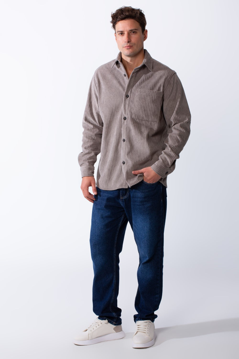 Men’s Classic Spread Collar Ribbed Texture Relaxed Button-Down Front Single Chest Pocket Regular Fit Velvet Shirt