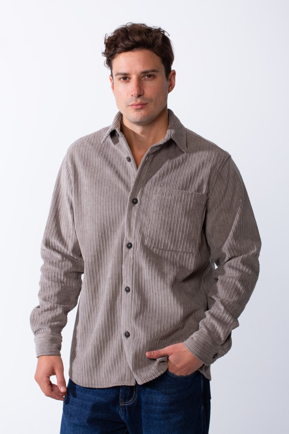 Men’s Classic Spread Collar Ribbed Texture Relaxed Button-Down Front Single Chest Pocket Regular Fit Velvet Shirt