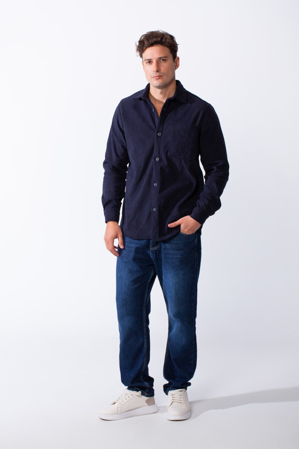 Men’s Classic Spread Collar Ribbed Texture Relaxed Button-Down Front Single Chest Pocket Regular Fit Velvet Shirt