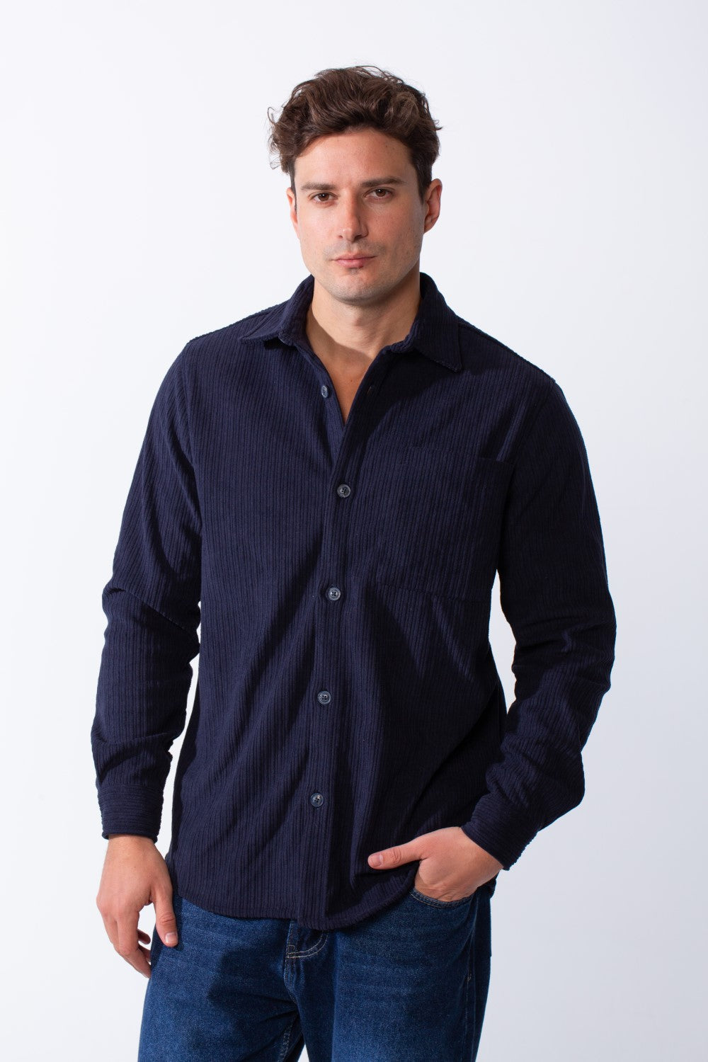 Men’s Classic Spread Collar Ribbed Texture Relaxed Button-Down Front Single Chest Pocket Regular Fit Velvet Shirt