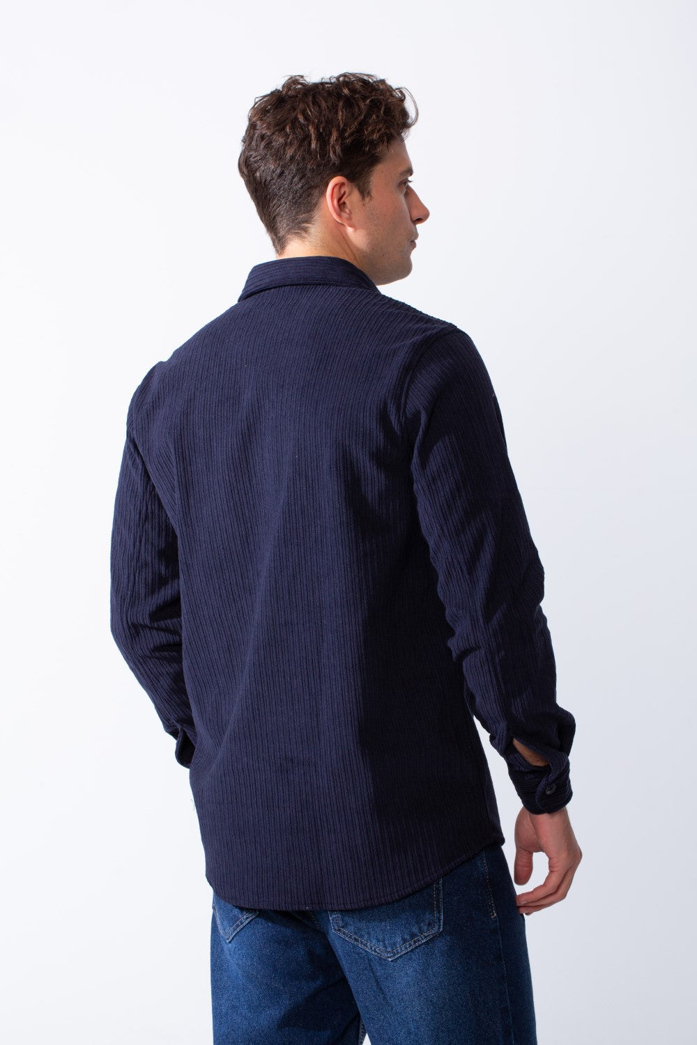 Men’s Classic Spread Collar Ribbed Texture Relaxed Button-Down Front Single Chest Pocket Regular Fit Velvet Shirt