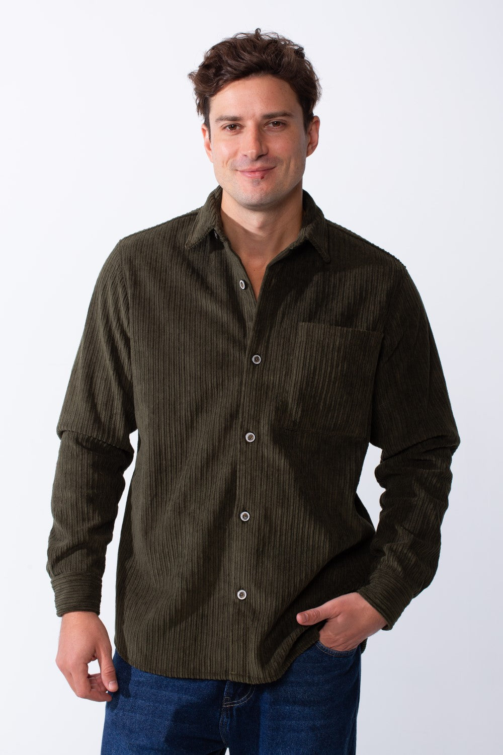 Men’s Classic Spread Collar Ribbed Texture Relaxed Button-Down Front Single Chest Pocket Regular Fit Velvet Shirt