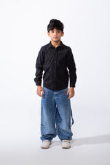 قميص صبيان ضيق Slim Fit بأكمام طويلة، كلاسيكي، بنسيج محكم وأزرار