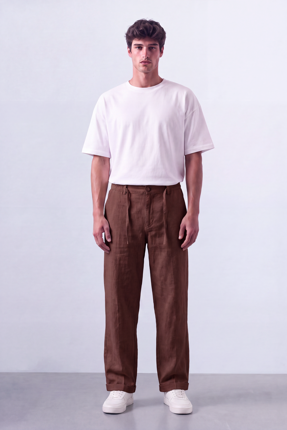 Men's Tomato Store Oversized Linen Casual Pants With Elastic Drawstring Waist And Cuffed Hem