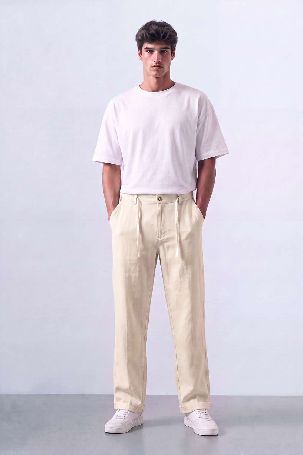 Men's Tomato Store Oversized Linen Casual Pants With Elastic Drawstring Waist And Cuffed Hem