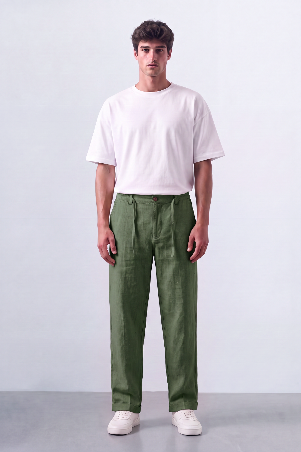 Men's Tomato Store Oversized Linen Casual Pants With Elastic Drawstring Waist And Cuffed Hem
