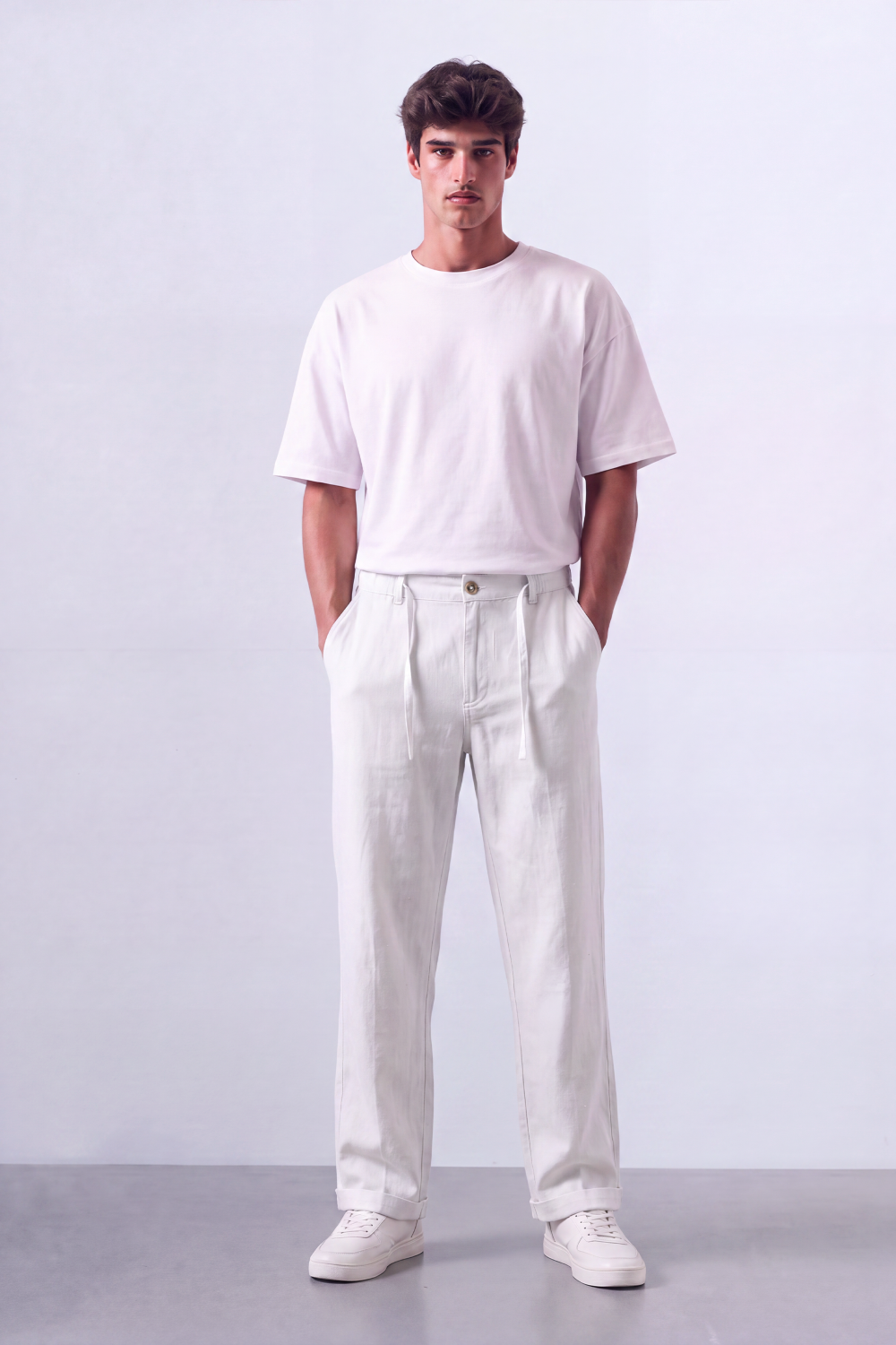Men's Tomato Store Oversized Linen Casual Pants With Elastic Drawstring Waist And Cuffed Hem
