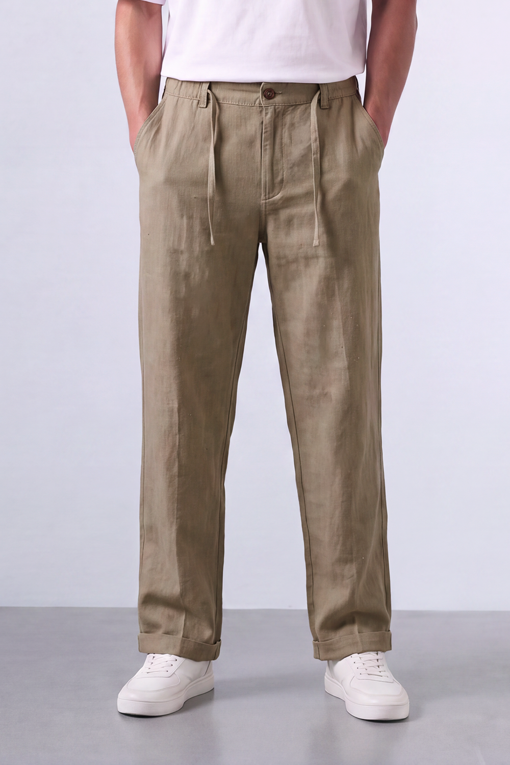 Men's Tomato Store Oversized Linen Casual Pants With Elastic Drawstring Waist And Cuffed Hem