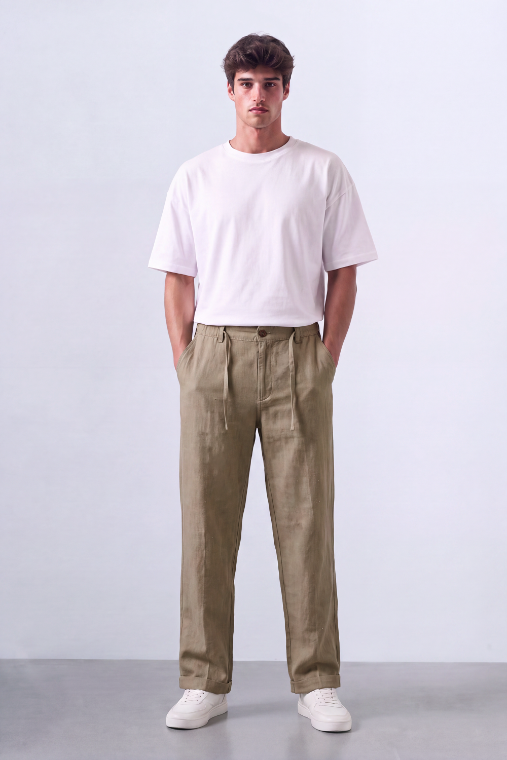 Men's Tomato Store Oversized Linen Casual Pants With Elastic Drawstring Waist And Cuffed Hem