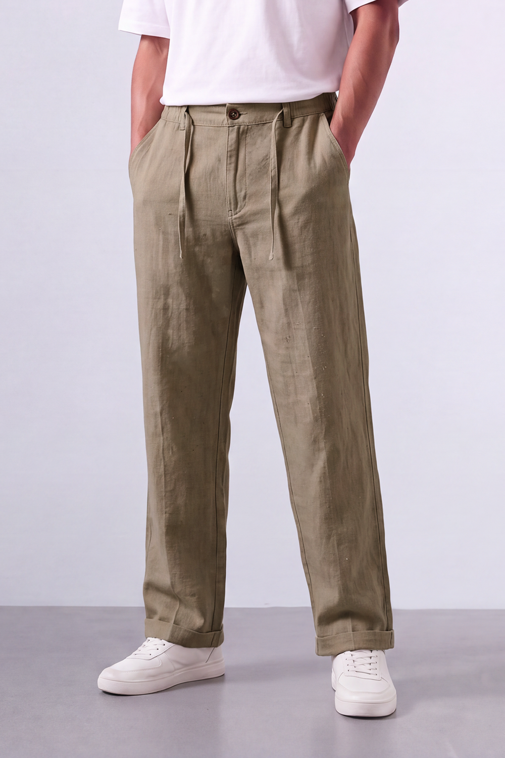 Men's Tomato Store Oversized Linen Casual Pants With Elastic Drawstring Waist And Cuffed Hem