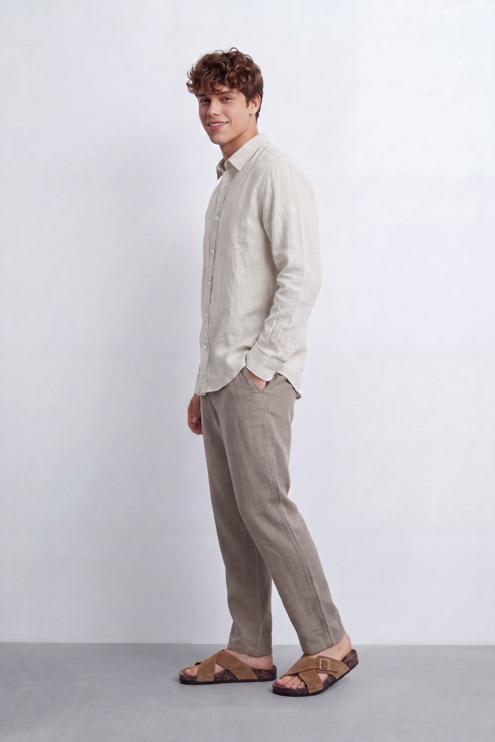 Men's Tomato Store Summer Linen Blend Shirt Natural Woven Texture Long Sleeve Regular Fit