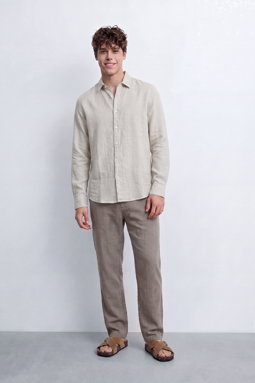 Men's Tomato Store Summer Linen Blend Shirt Natural Woven Texture Long Sleeve Regular Fit