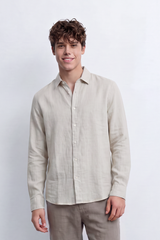 Men's Tomato Store Summer Linen Blend Shirt Natural Woven Texture Long Sleeve Regular Fit