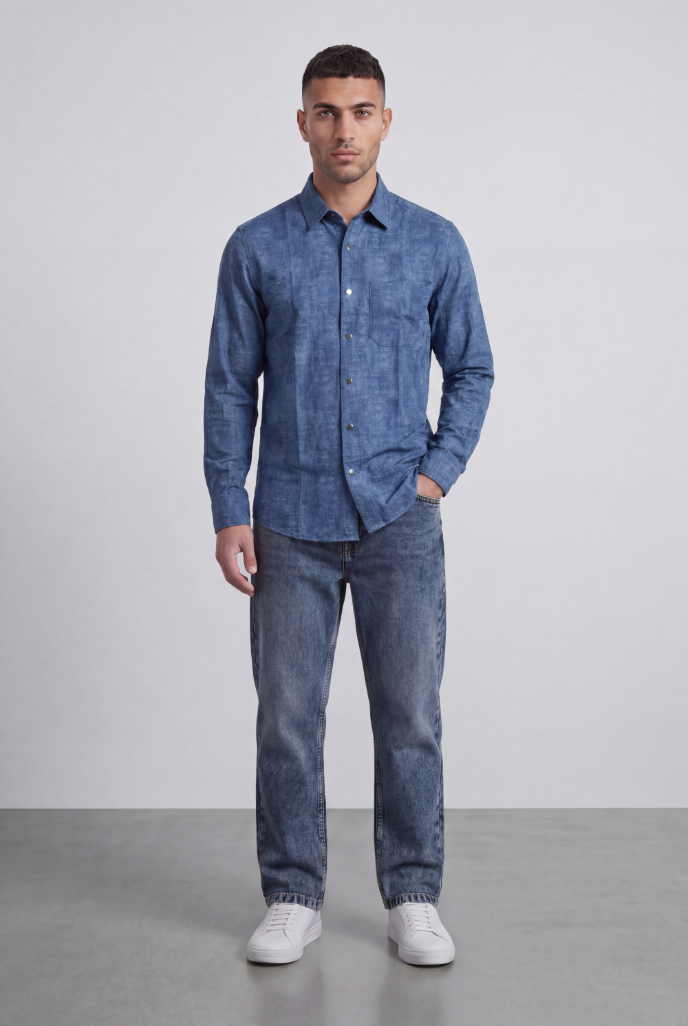 Men’s Tomato Store Vintage Slub Shirt Chest Pocket Washed Chambray Texture Faded Cloudy Surface Regular Fit