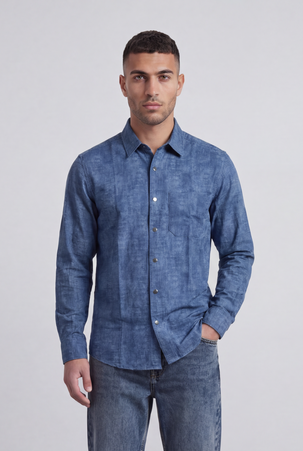 Men’s Tomato Store Vintage Slub Shirt Chest Pocket Washed Chambray Texture Faded Cloudy Surface Regular Fit
