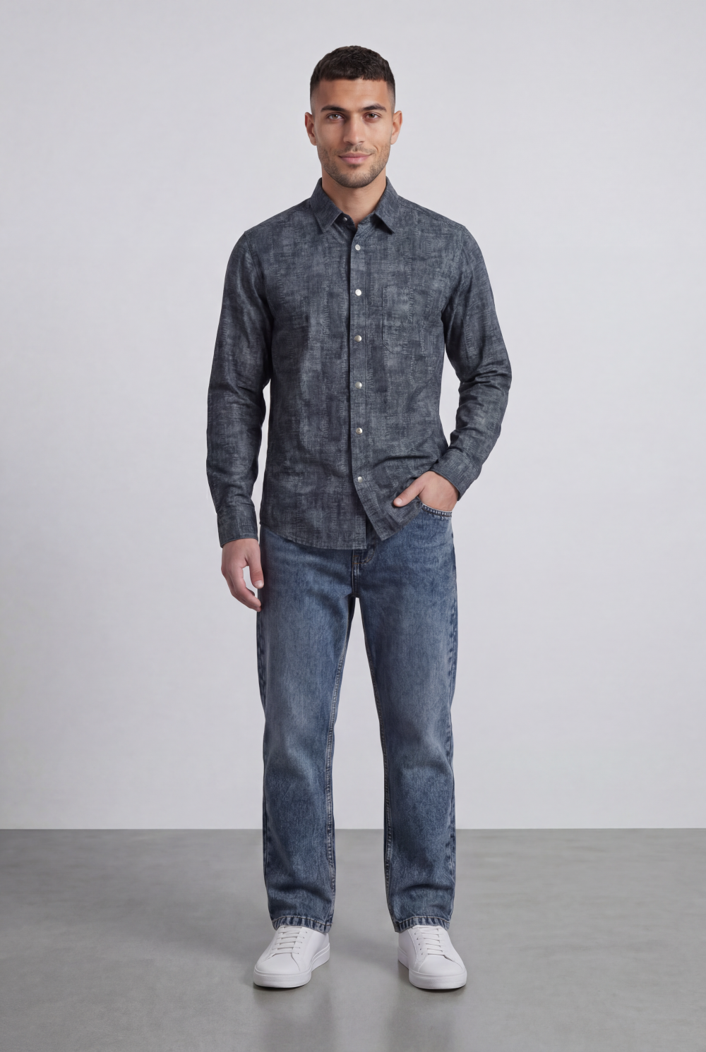 Men’s Tomato Store Vintage Slub Shirt Chest Pocket Washed Chambray Texture Faded Cloudy Surface Regular Fit
