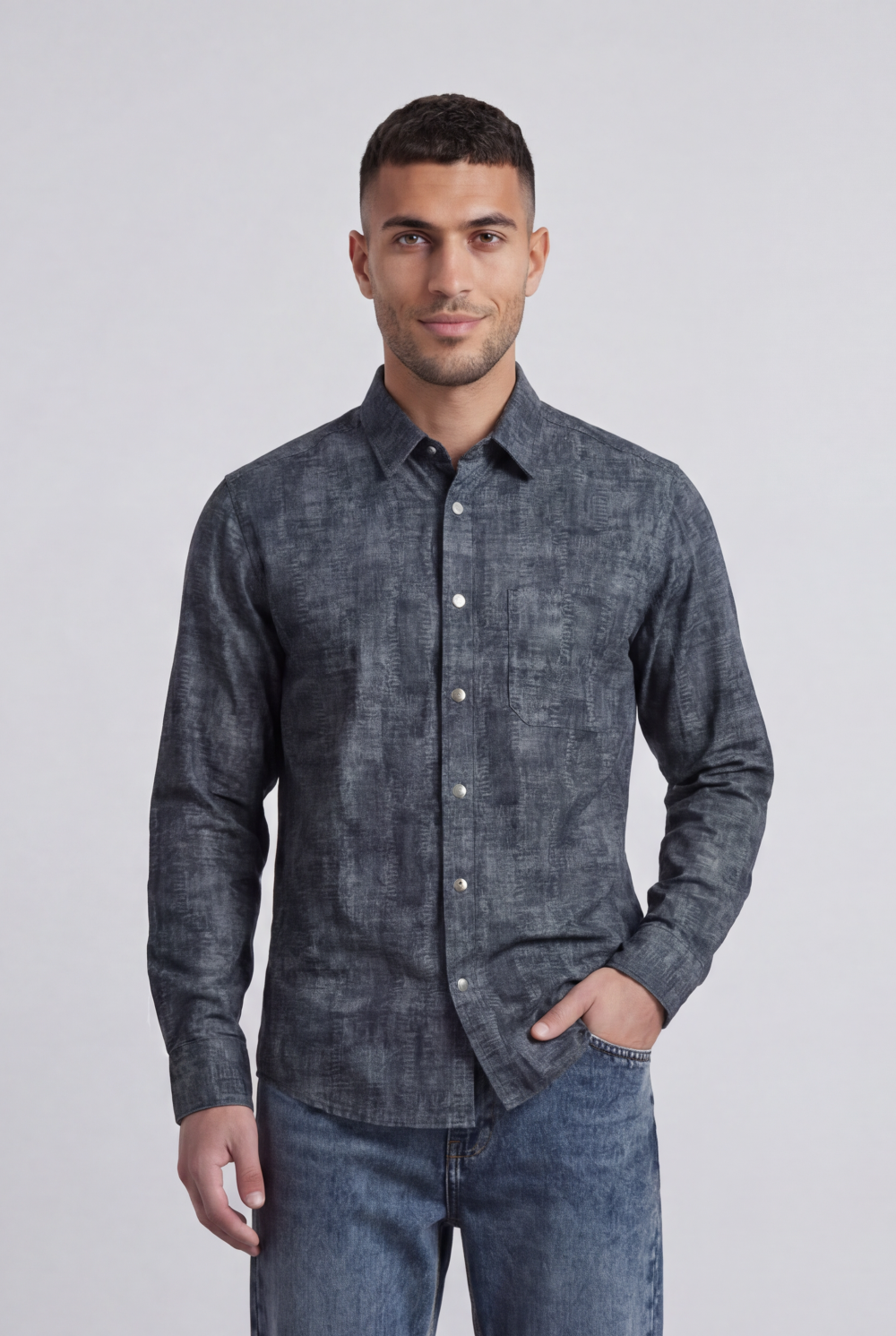 Men’s Tomato Store Vintage Slub Shirt Chest Pocket Washed Chambray Texture Faded Cloudy Surface Regular Fit