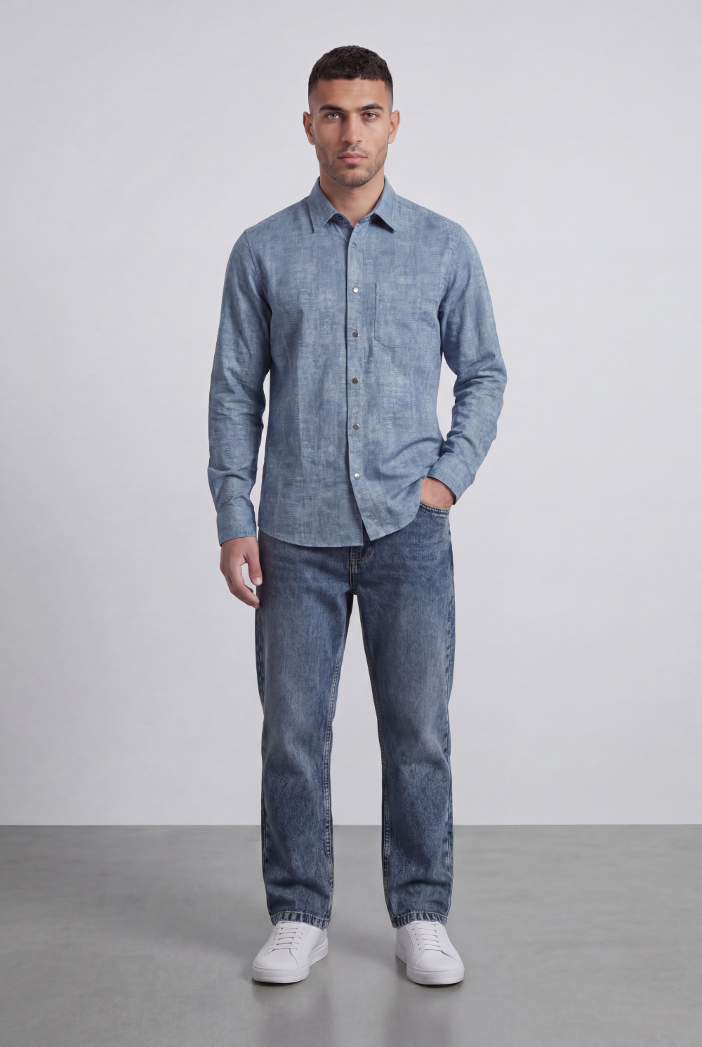 Men’s Tomato Store Vintage Slub Shirt Chest Pocket Washed Chambray Texture Faded Cloudy Surface Regular Fit