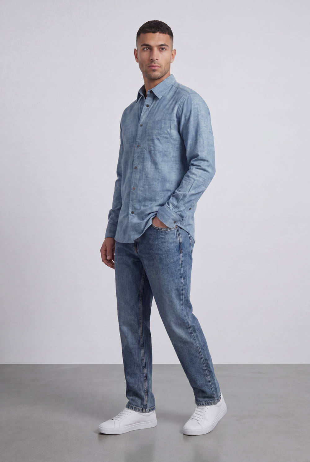 Men’s Tomato Store Vintage Slub Shirt Chest Pocket Washed Chambray Texture Faded Cloudy Surface Regular Fit