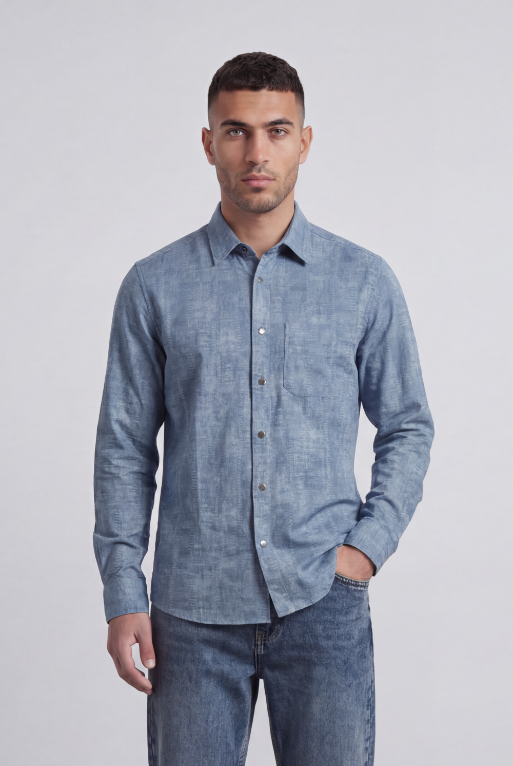 Men’s Tomato Store Vintage Slub Shirt Chest Pocket Washed Chambray Texture Faded Cloudy Surface Regular Fit