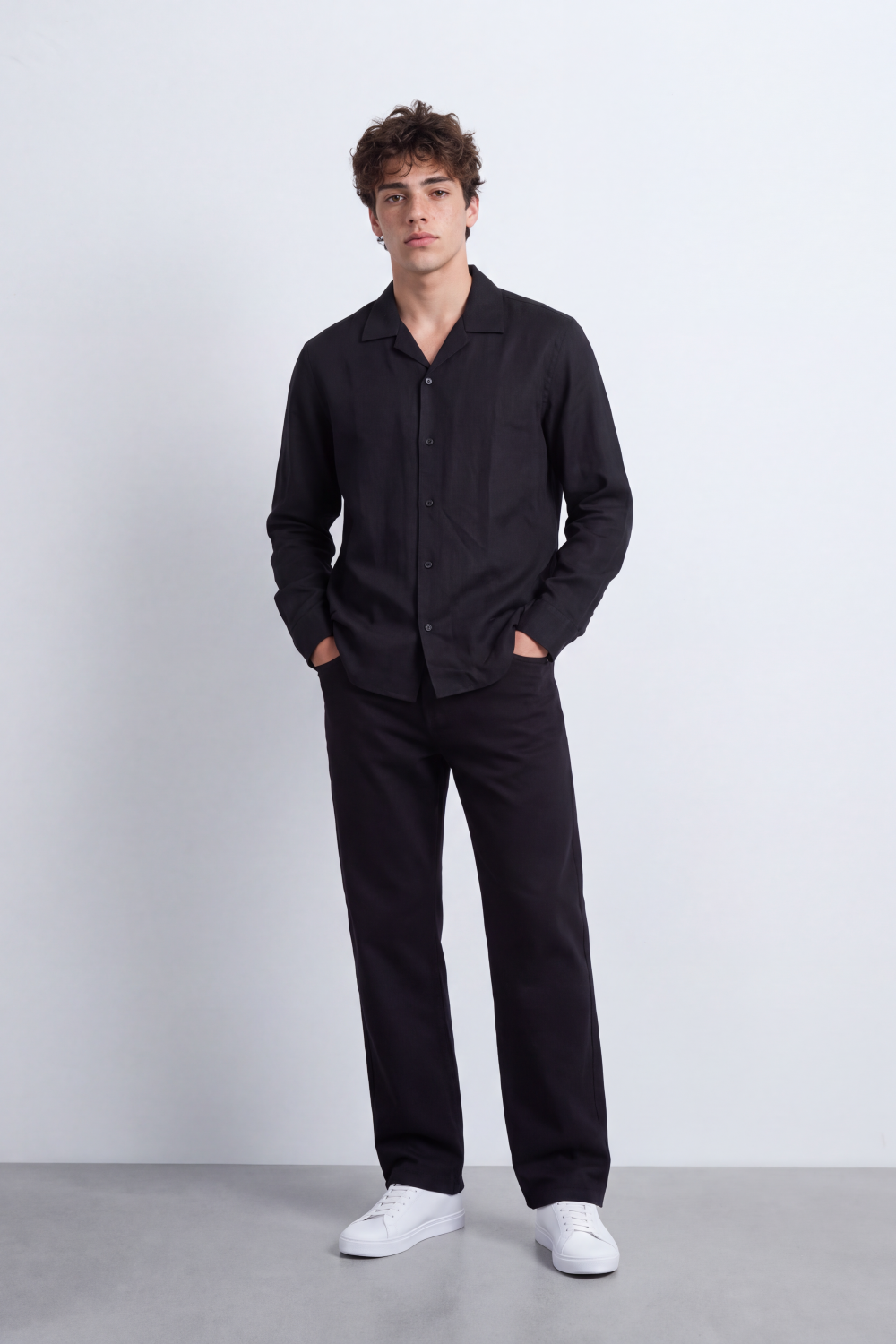 Men's Tomato Store Soft Woven Shirt Open Collar Long Sleeve Button Front Clean Minimal Design Regular Fit