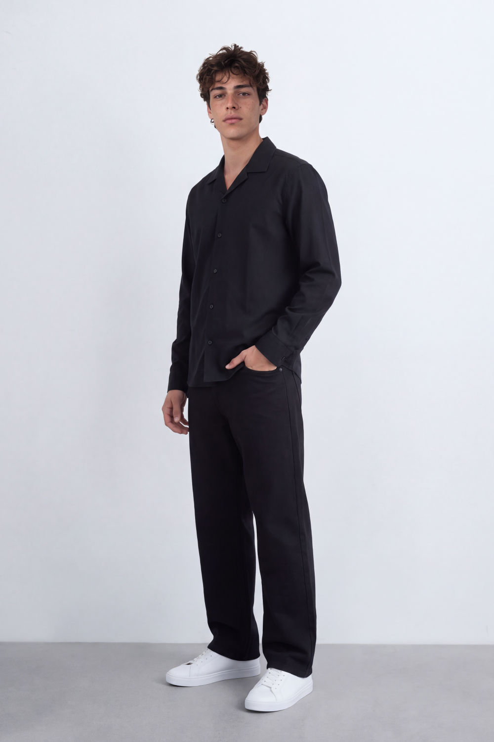 Men's Tomato Store Soft Woven Shirt Open Collar Long Sleeve Button Front Clean Minimal Design Regular Fit