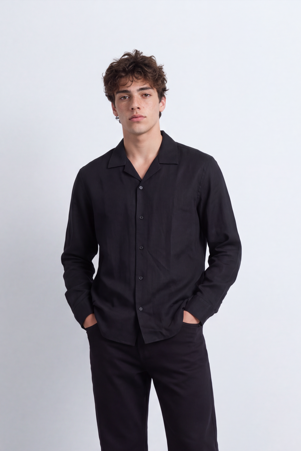 Men's Tomato Store Soft Woven Shirt Open Collar Long Sleeve Button Front Clean Minimal Design Regular Fit