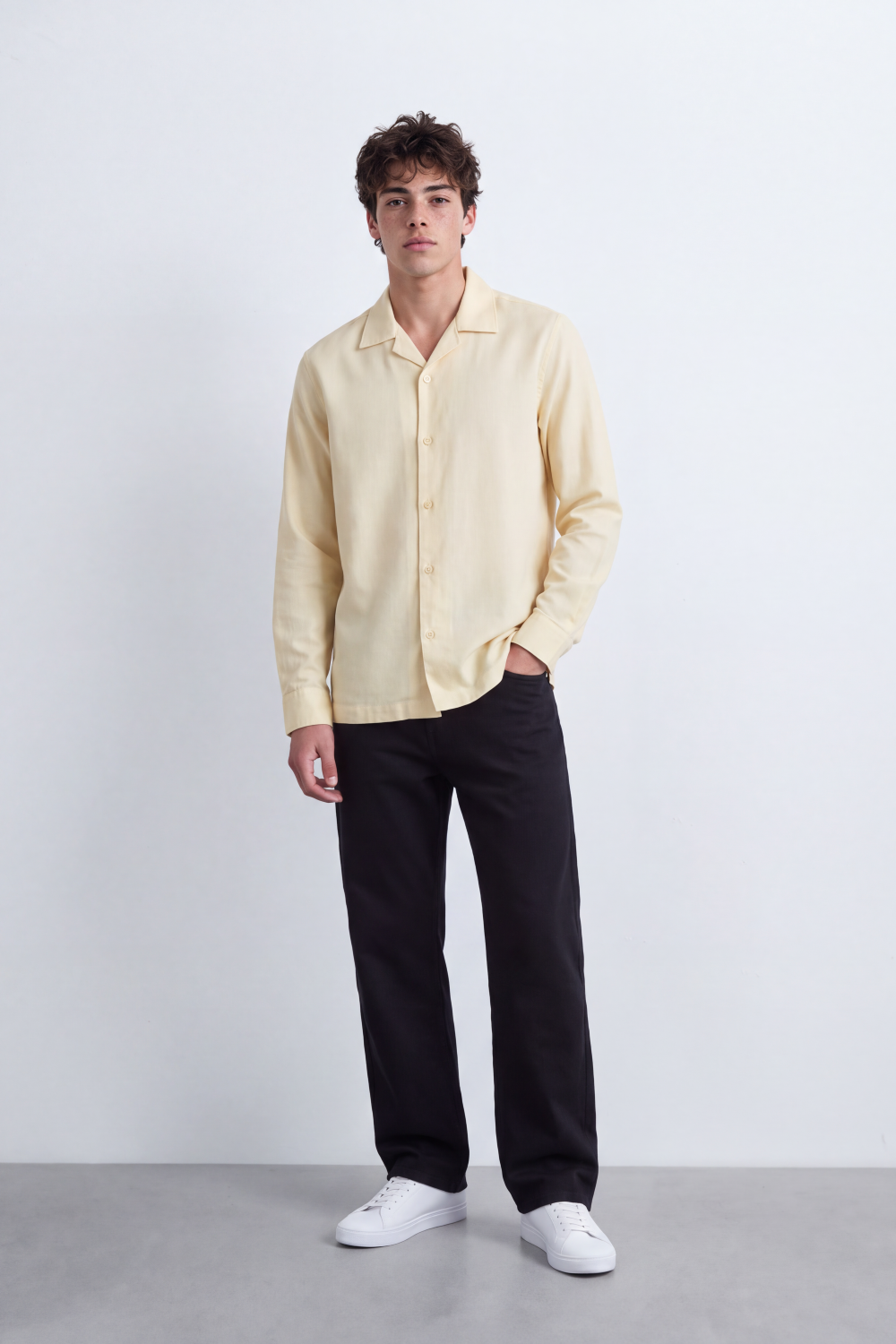 Men's Tomato Store Soft Woven Shirt Open Collar Long Sleeve Button Front Clean Minimal Design Regular Fit