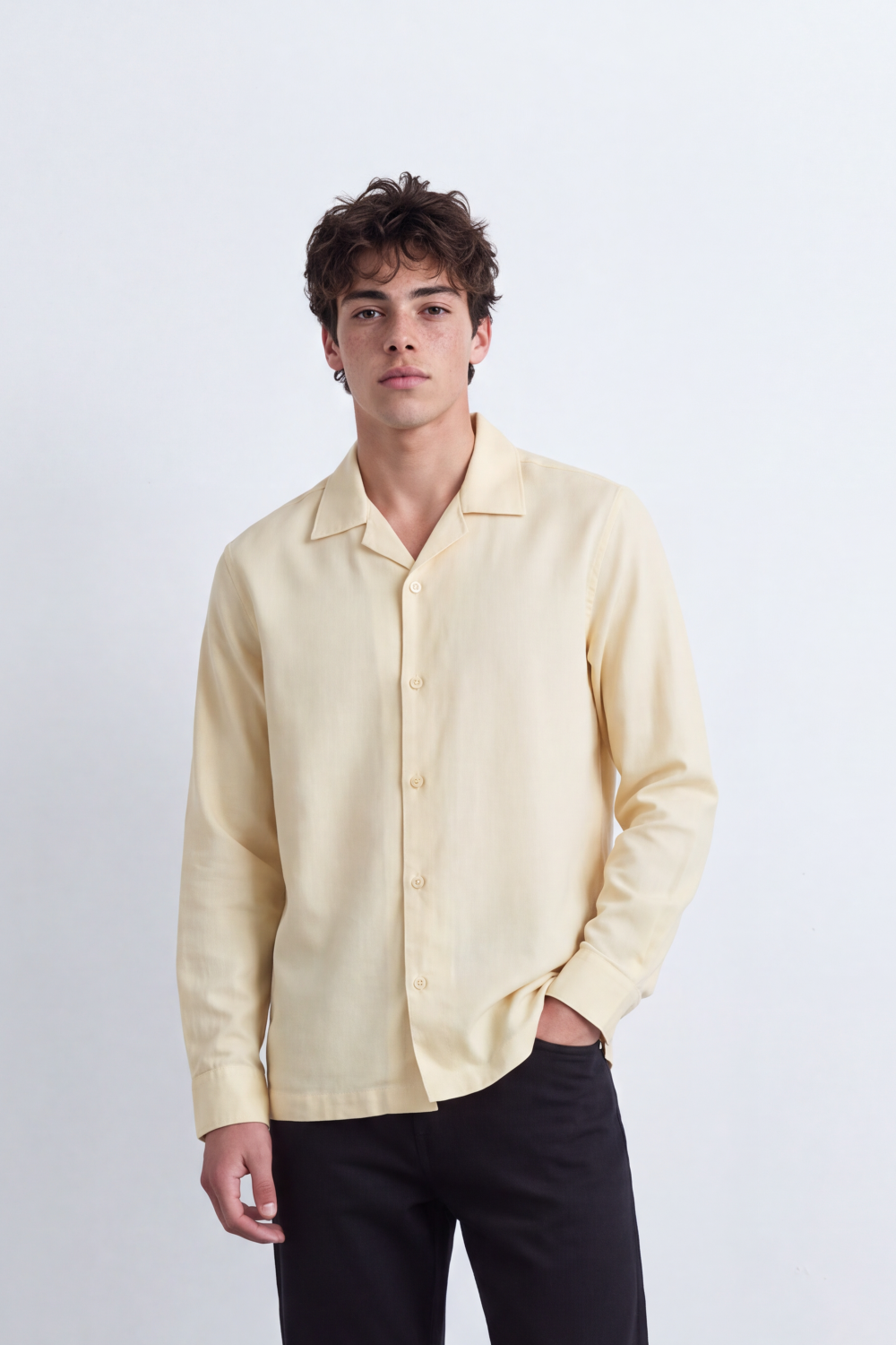 Men's Tomato Store Soft Woven Shirt Open Collar Long Sleeve Button Front Clean Minimal Design Regular Fit