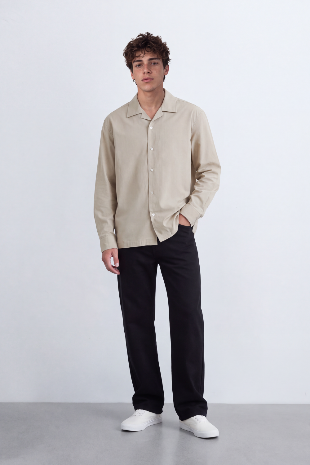 Men's Tomato Store Soft Woven Shirt Open Collar Long Sleeve Button Front Clean Minimal Design Regular Fit