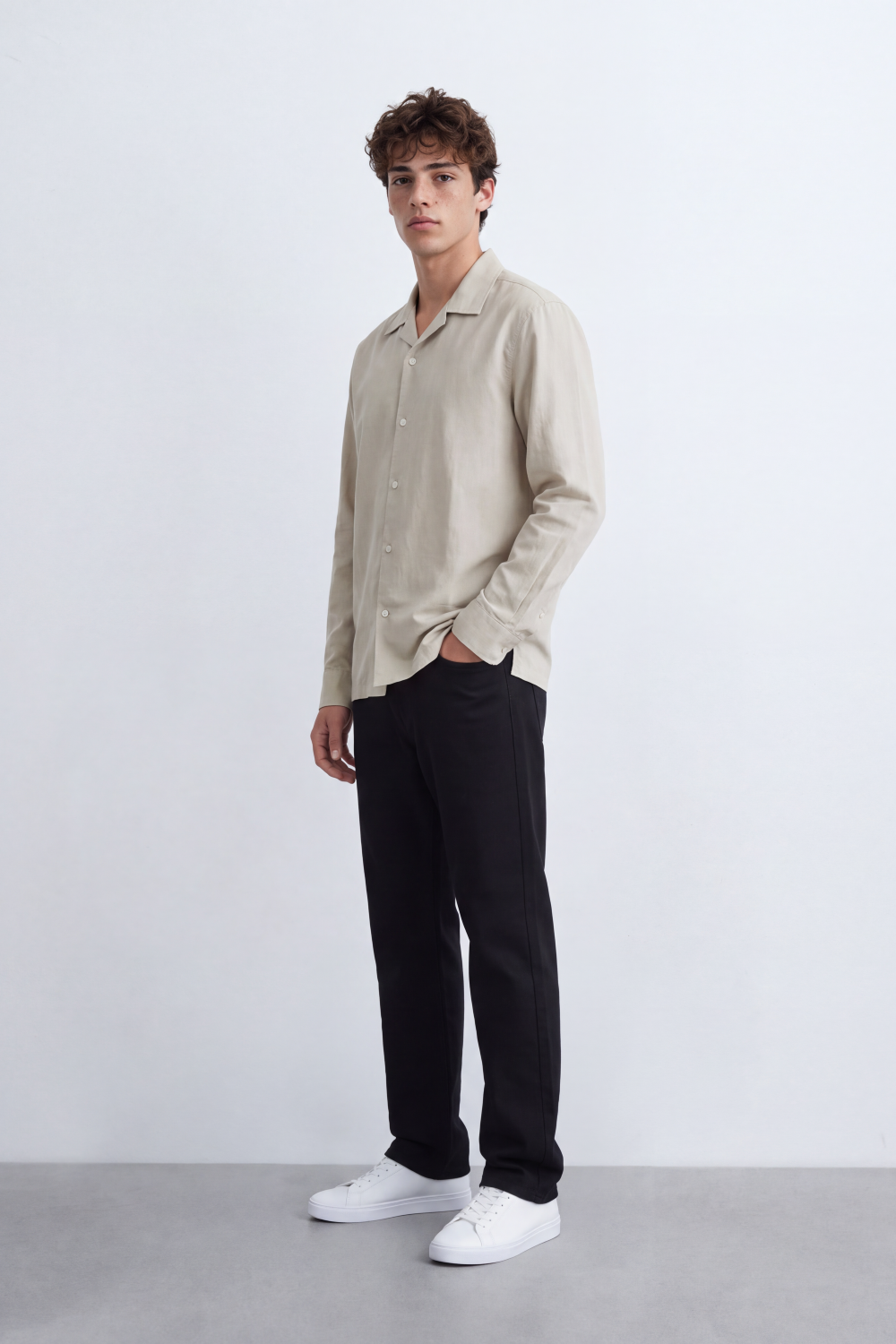 Men's Tomato Store Soft Woven Shirt Open Collar Long Sleeve Button Front Clean Minimal Design Regular Fit