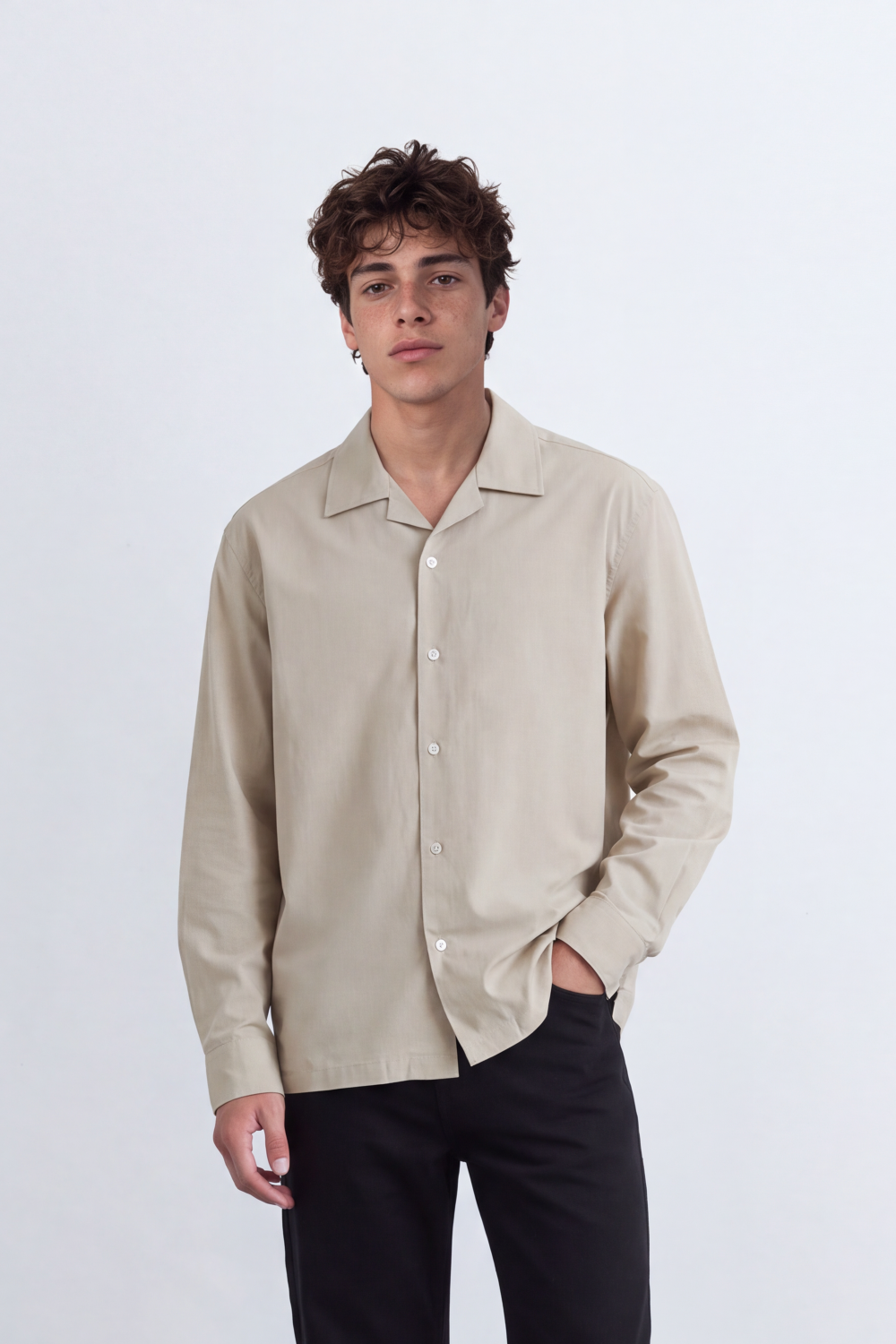 Men's Tomato Store Soft Woven Shirt Open Collar Long Sleeve Button Front Clean Minimal Design Regular Fit