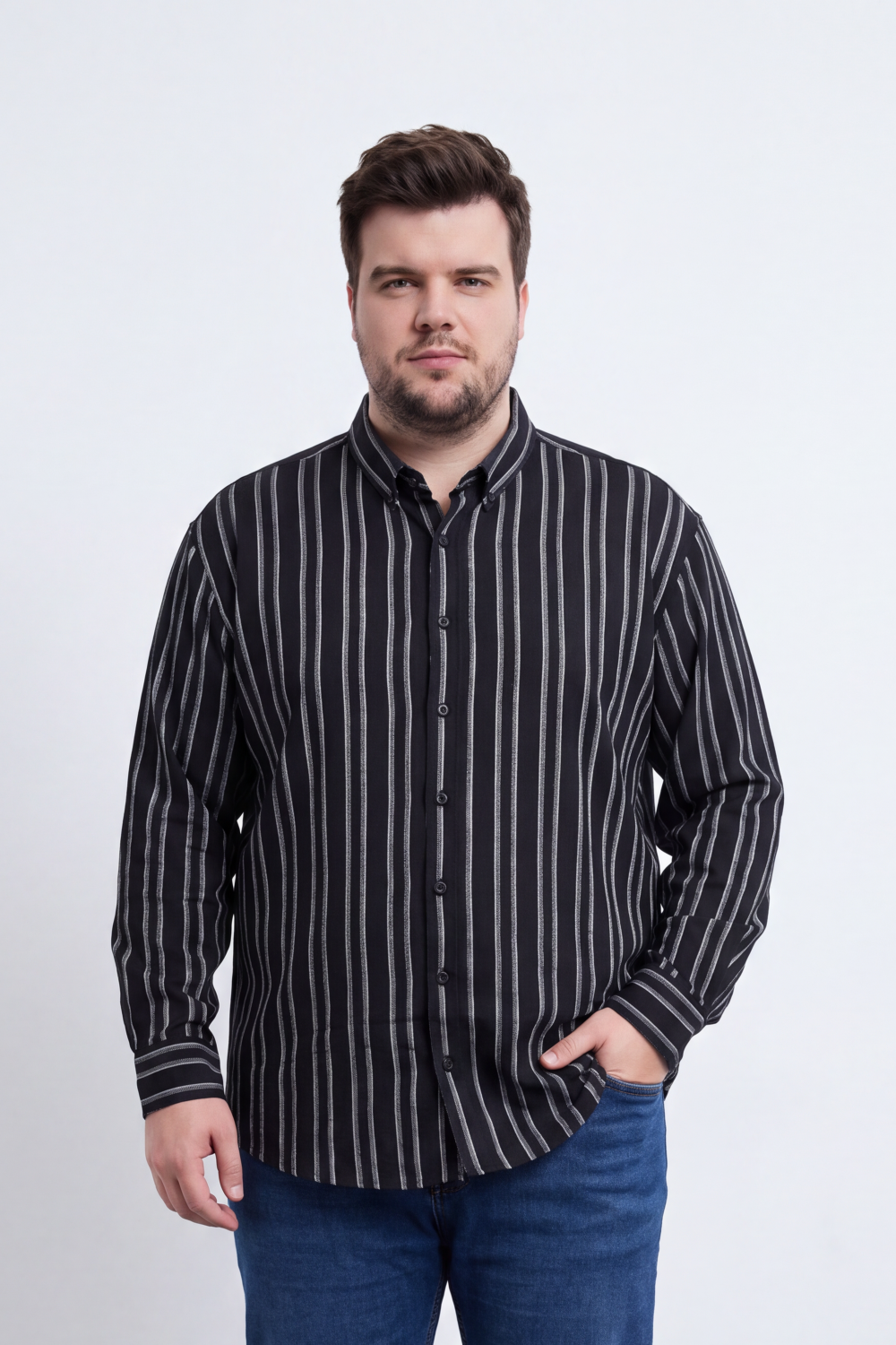 Men's Tomato Store Striped Big Size Shirt Vertical Pinstripe Design Button-Down Collar Long Sleeve