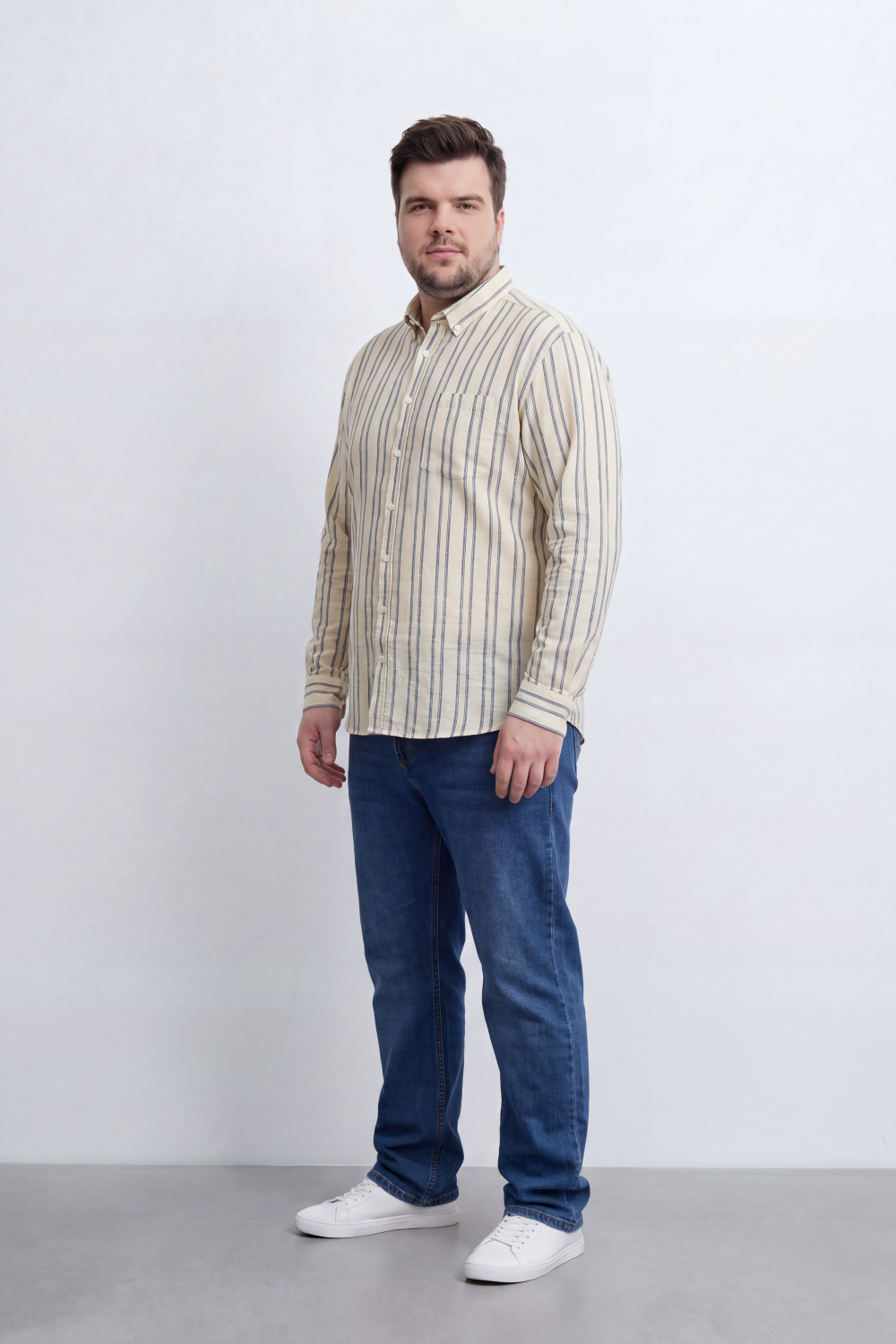 Men's Tomato Store Striped Big Size Shirt Vertical Pinstripe Design Button-Down Collar Long Sleeve