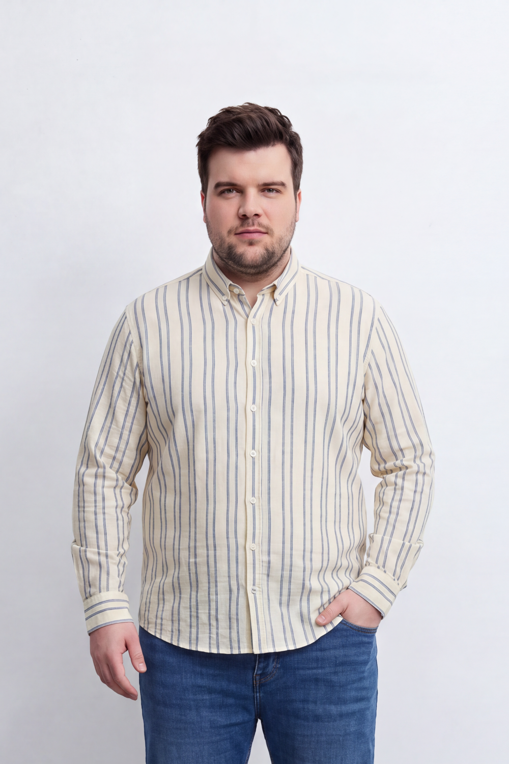 Men's Tomato Store Striped Big Size Shirt Vertical Pinstripe Design Button-Down Collar Long Sleeve