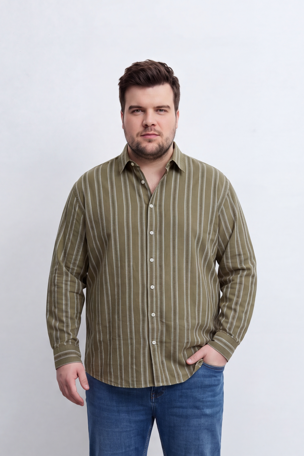 Men's Tomato Store Striped Big Size Shirt Vertical Pinstripe Design Button-Down Collar Long Sleeve