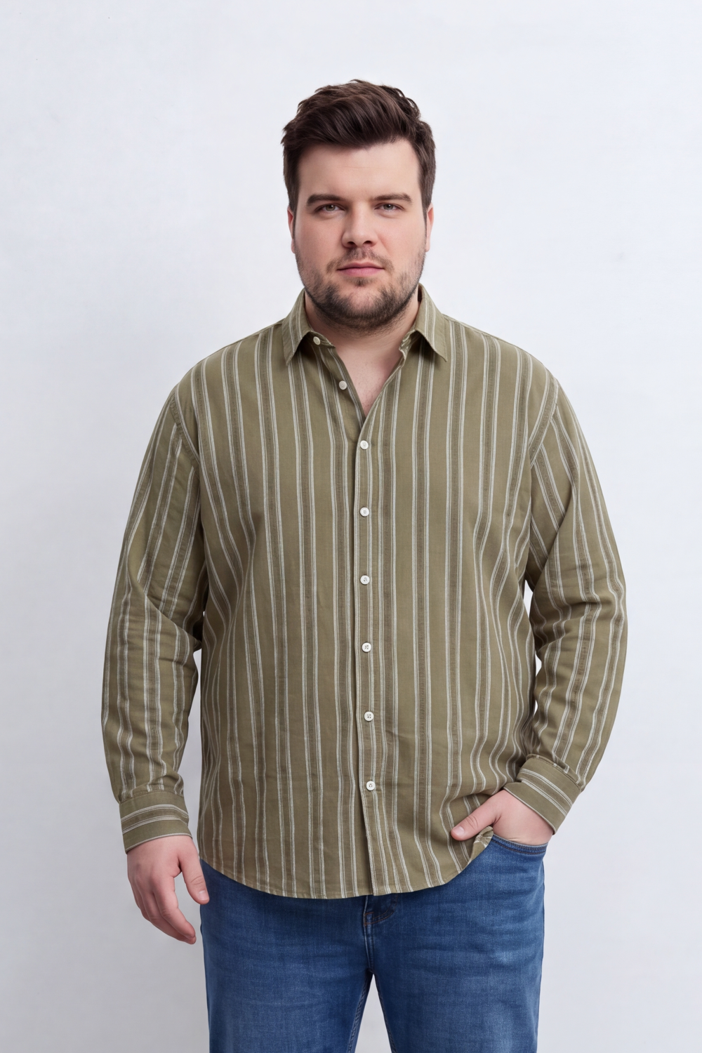 Men's Tomato Store Striped Big Size Shirt Vertical Pinstripe Design Button-Down Collar Long Sleeve