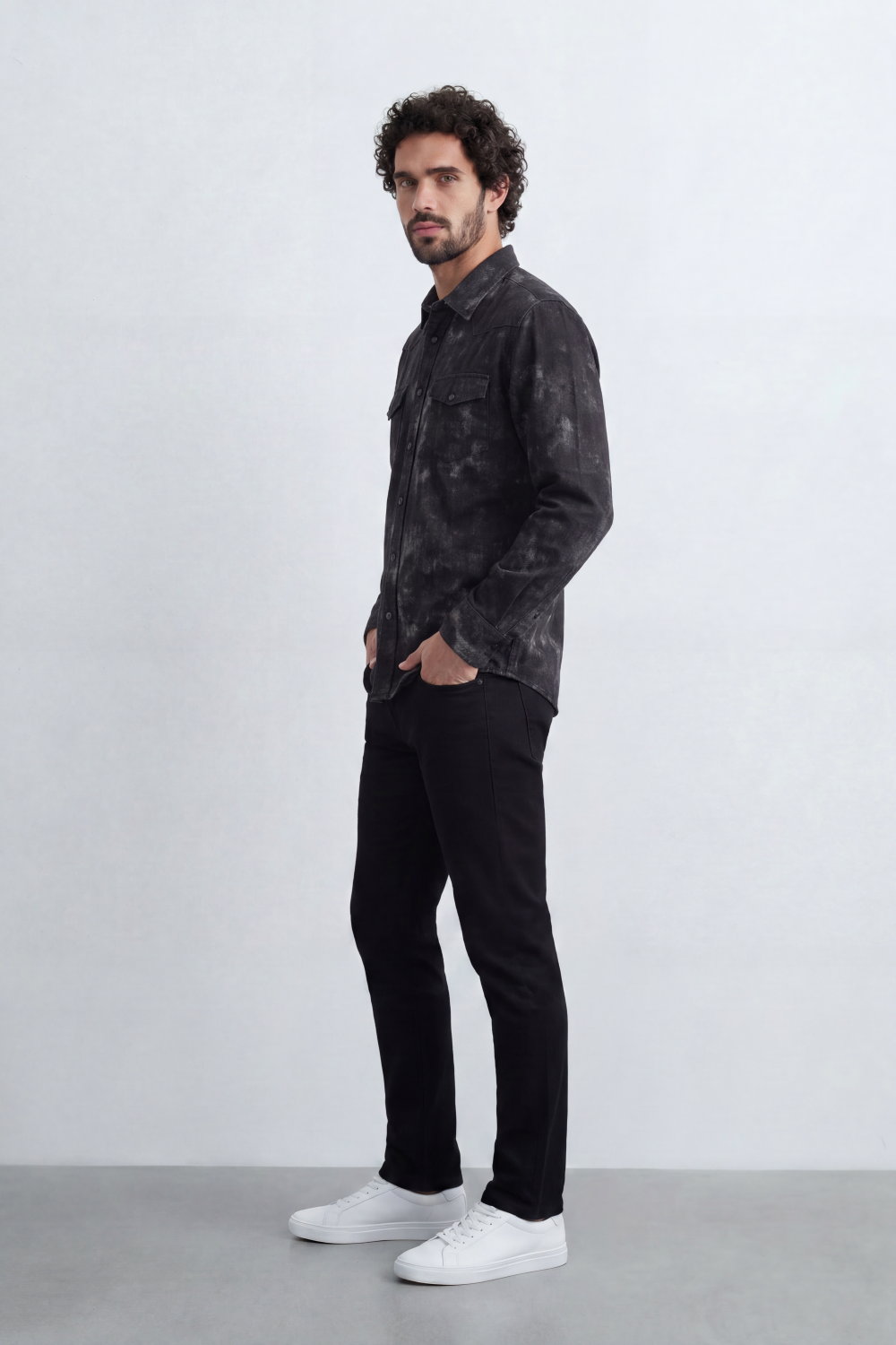 Men’s Tomato Store Night Wash Utility Shirt Cloudy Distress Texture Covers Body Snap Button Front Regular Fit