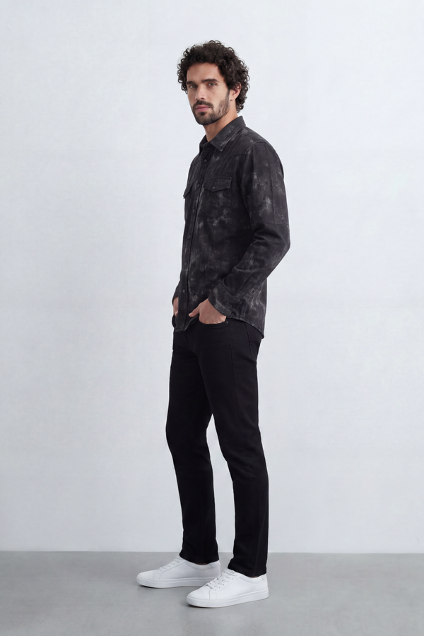 Men’s Tomato Store Night Wash Utility Shirt Cloudy Distress Texture Covers Body Snap Button Front Regular Fit