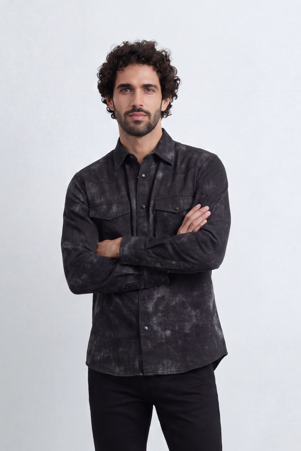 Men’s Tomato Store Night Wash Utility Shirt Cloudy Distress Texture Covers Body Snap Button Front Regular Fit
