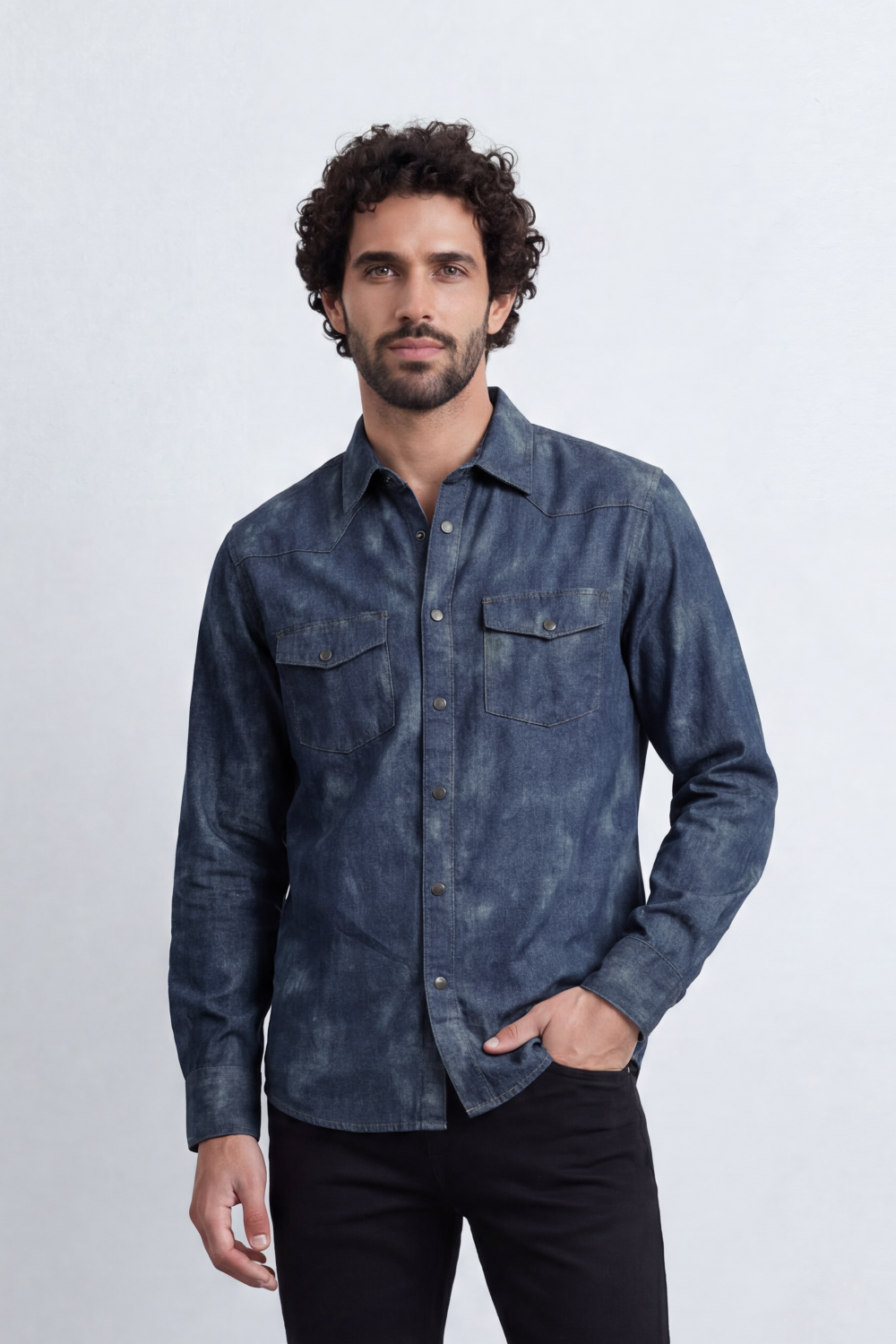 Men’s Tomato Store Night Wash Utility Shirt Cloudy Distress Texture Covers Body Snap Button Front Regular Fit