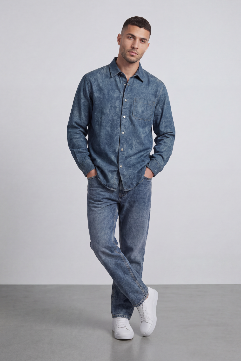 Men’s Tomato Store Dust Wash Button Shirt Cloudy Stone Wash Texture Across Body Metal Snap Front Chest Pocket Detail Regular Fit