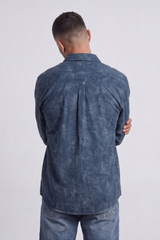 Men’s Tomato Store Dust Wash Button Shirt Cloudy Stone Wash Texture Across Body Metal Snap Front Chest Pocket Detail Regular Fit
