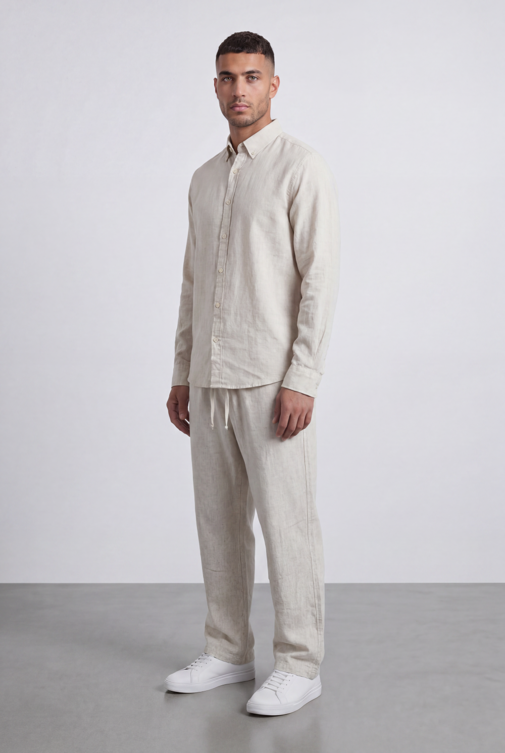Men’s Tomato Store Natural Co-Ord Set With Button Front Slub Texture Uneven Yarn Surface Subtle Vertical Weave Regular Fit Outfit