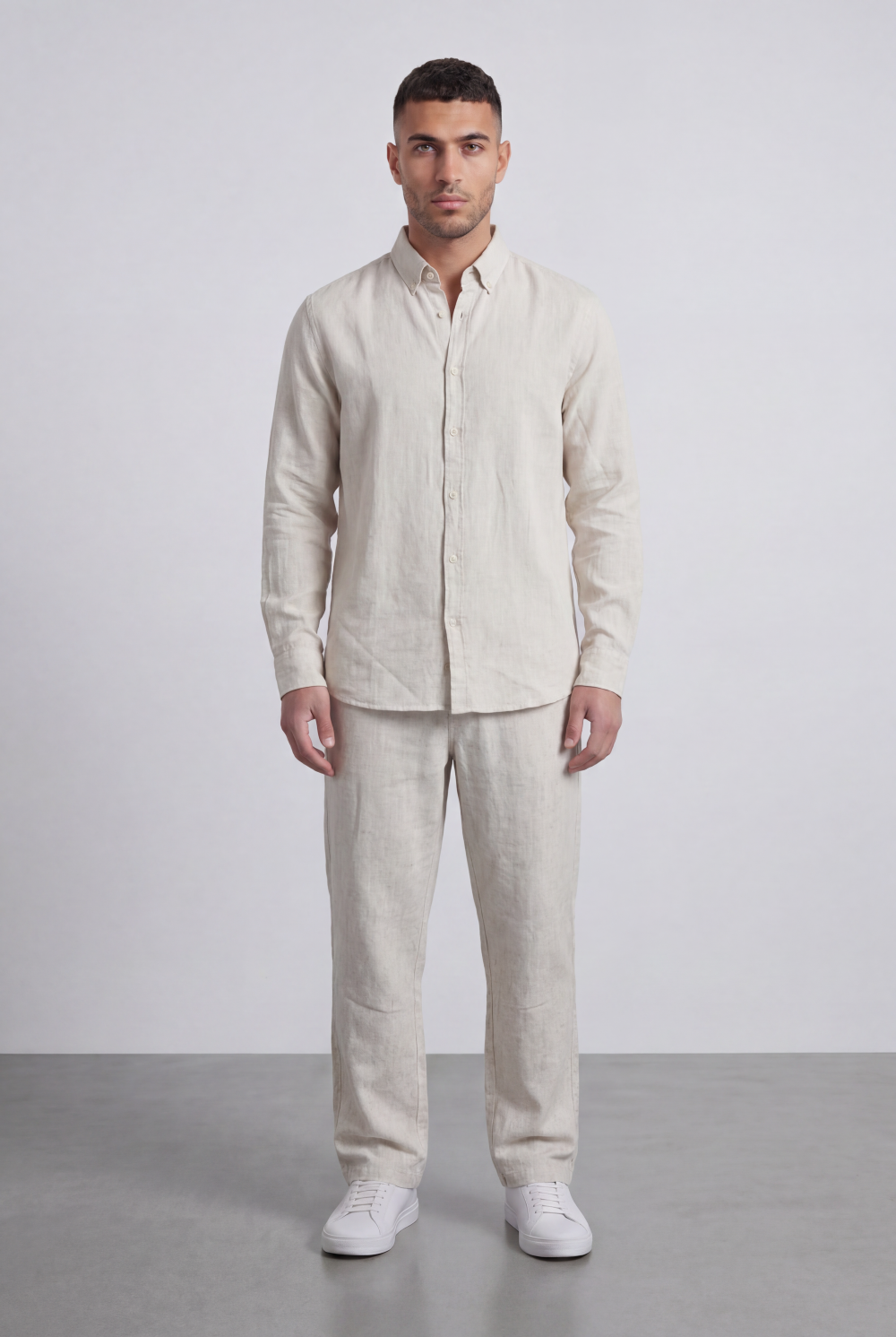 Men’s Tomato Store Natural Co-Ord Set With Button Front Slub Texture Uneven Yarn Surface Subtle Vertical Weave Regular Fit Outfit