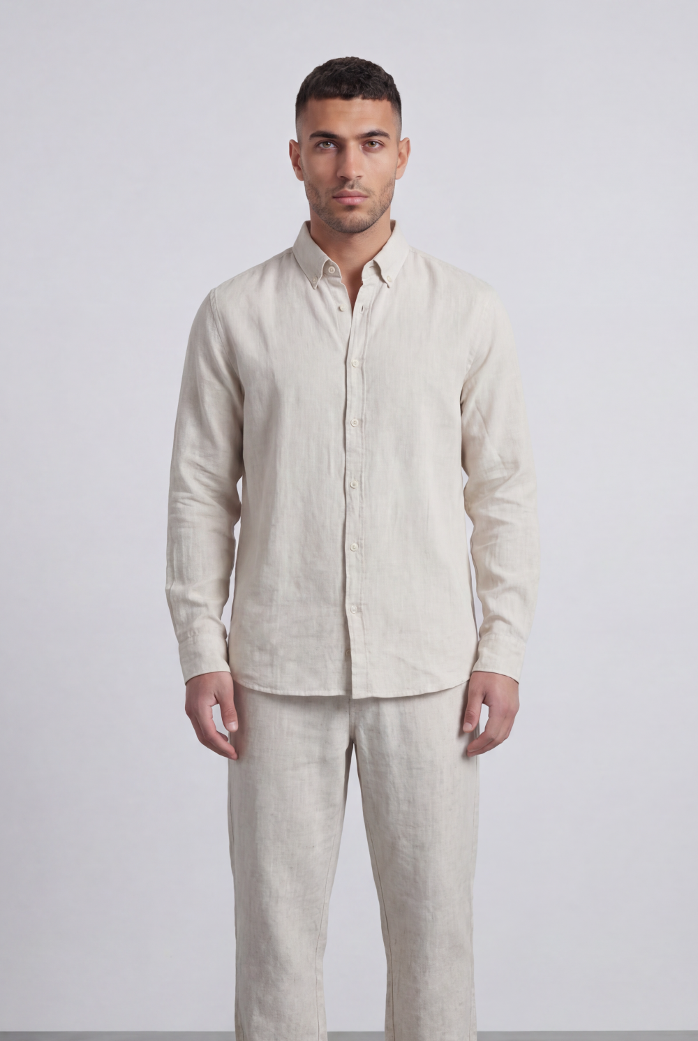 Men’s Tomato Store Natural Co-Ord Set With Button Front Slub Texture Uneven Yarn Surface Subtle Vertical Weave Regular Fit Outfit