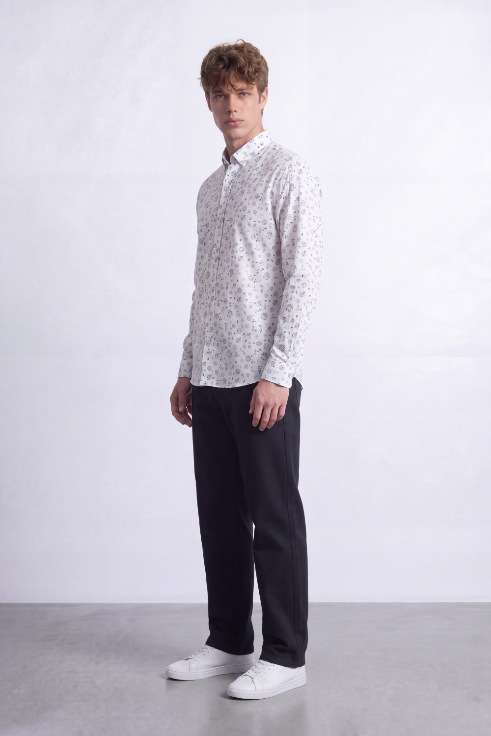 Men's Tomato Store Poplin Shirt Micro Floral Print  Long Sleeve Clean Slim Fit