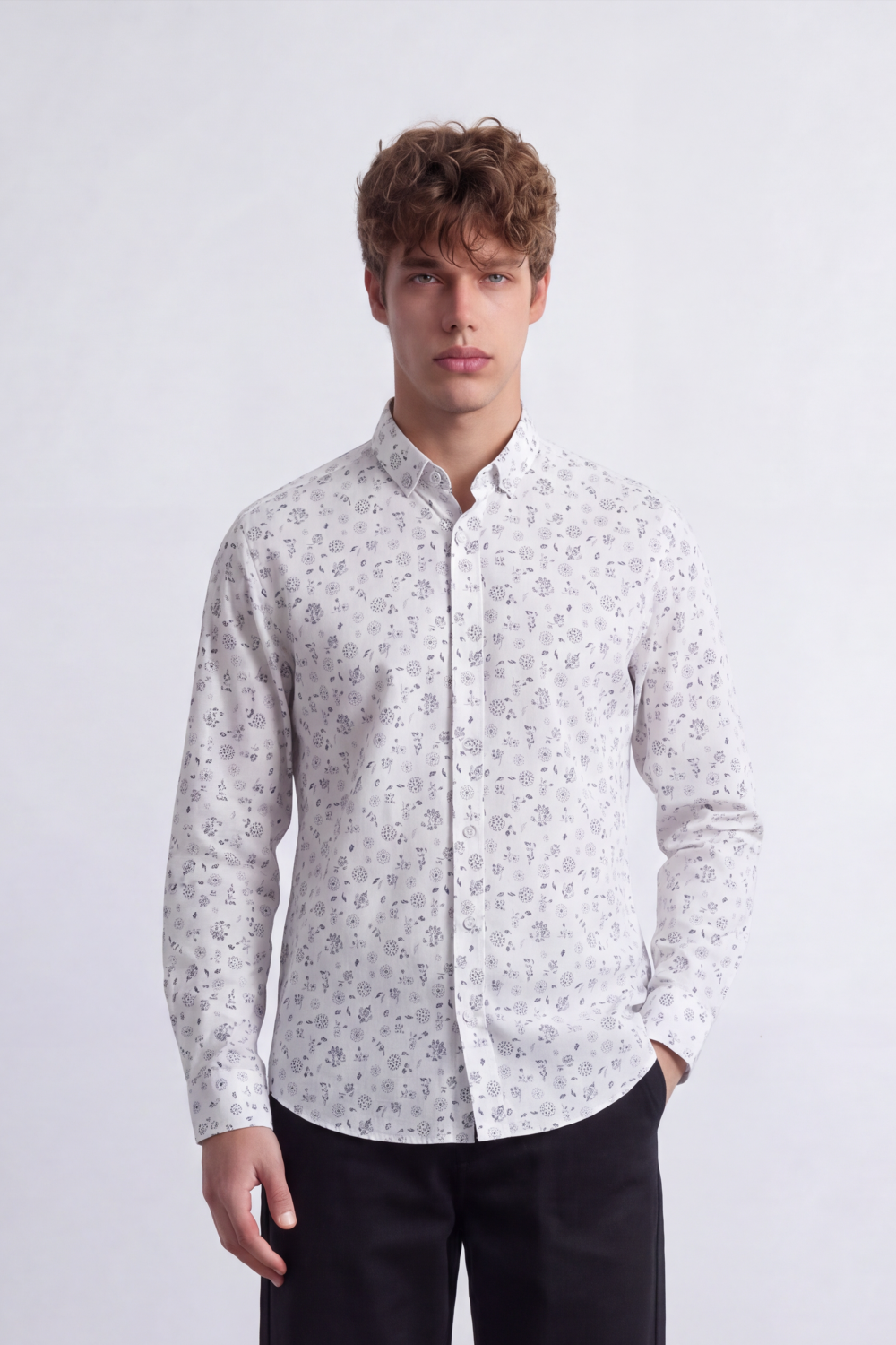 Men's Tomato Store Poplin Shirt Micro Floral Print  Long Sleeve Clean Slim Fit