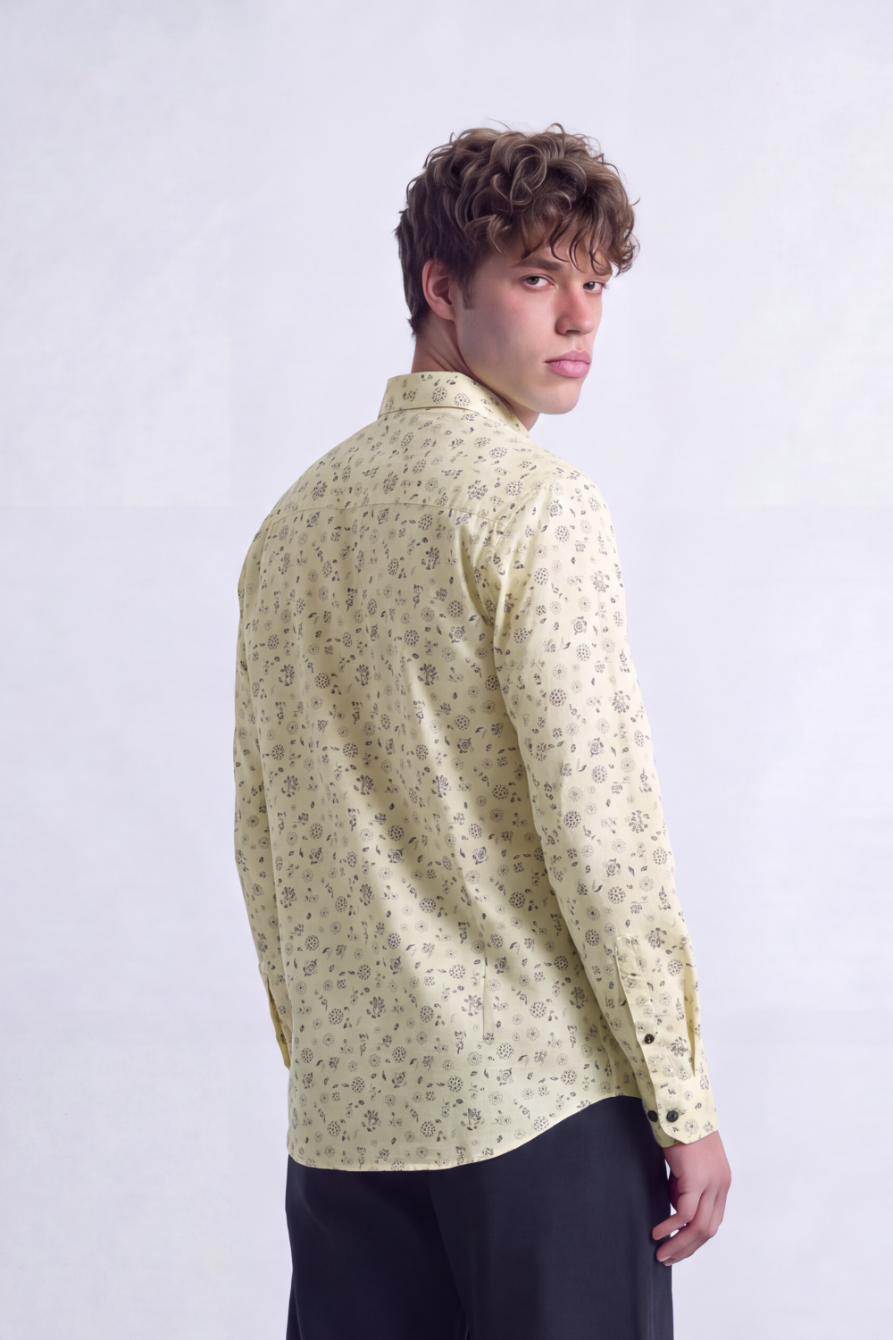Men's Tomato Store Poplin Shirt Micro Floral Print  Long Sleeve Clean Slim Fit
