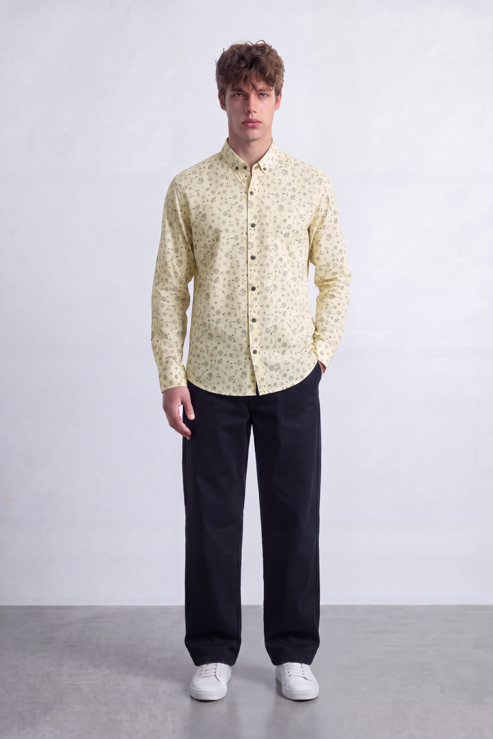 Men's Tomato Store Poplin Shirt Micro Floral Print  Long Sleeve Clean Slim Fit